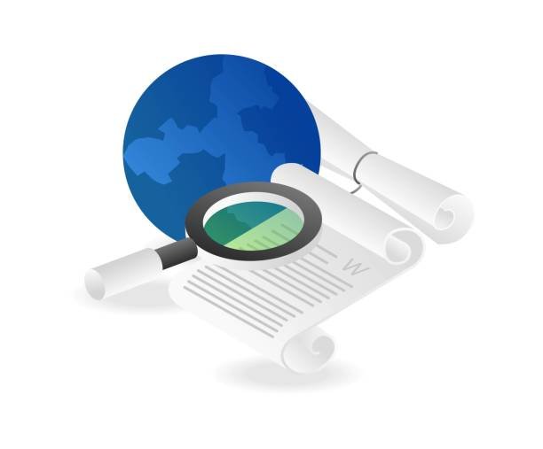 Flat isometric illustration concept of searching latest world information Flat isometric illustration concept of searching latest world information
